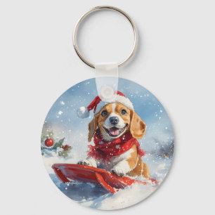 Beagle Hund i Släd Låt det Snöa Jul Nyckelring