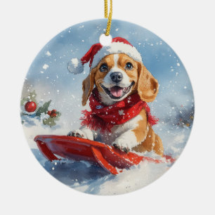 Beagle Hund i Släde Låt det Snöa Jul Julgransprydnad Keramik