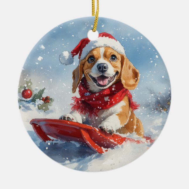 Beagle Hund i Släde Låt det Snöa Jul Julgransprydnad Keramik (Framsidan)