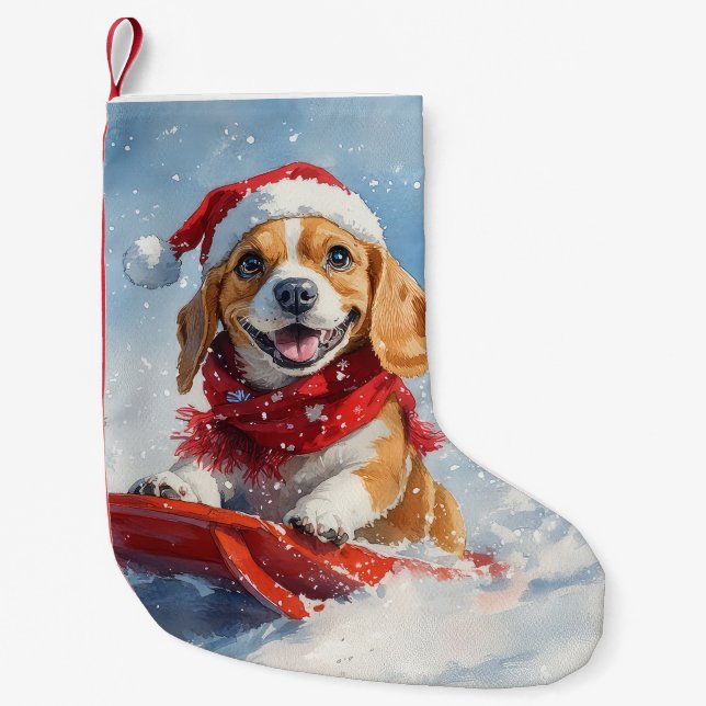 Beagle Hund i Släde Låt det Snöa Jul Liten Julstrumpa (Framsidan)