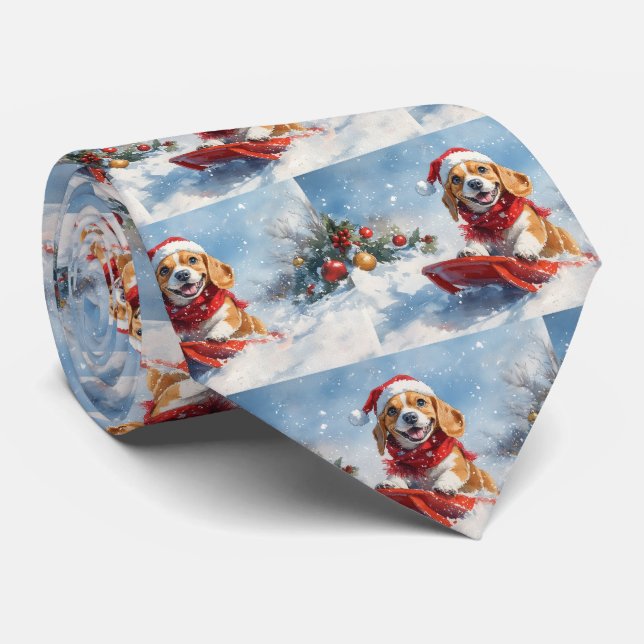 Beagle Hund i Släde Låt det Snöa Jul Slips (Rullad)