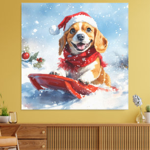 Beagle Hund i Sledge Låt det snöa jul Canvastryck