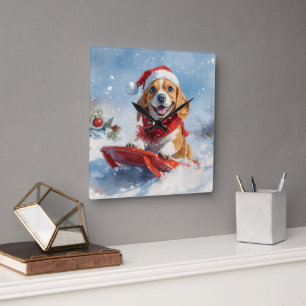 Beagle Hund i Sledge Låt det snöa jul Fyrkantig Klocka