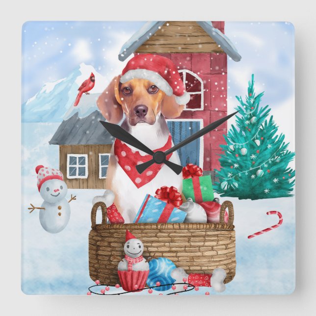Beagle Hund I snö Jul Hund Hus Fyrkantig Klocka (Framsida)