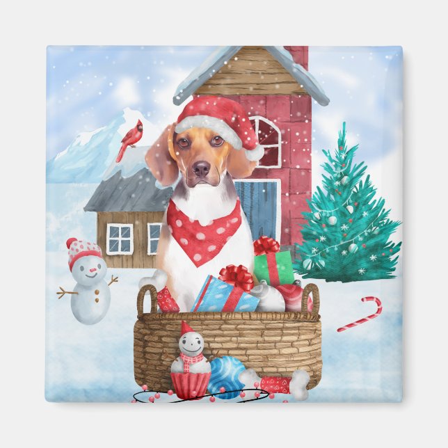 Beagle Hund i snö julhuset Hund House Magnet (Framsidan)