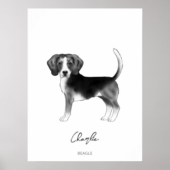 Beagle Hund i svart och vitt med anpassad text Poster (Framsidan)