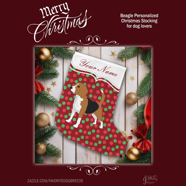 Beagle Hund jul Red Dots Personlig Stor Julstrumpa (Personalize this stocking with a name to make a great addition to your holiday decor.)