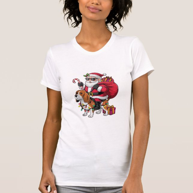 Beagle Hund Julafton Lighting Santa Riding Beagle  T Shirt (Framsida)