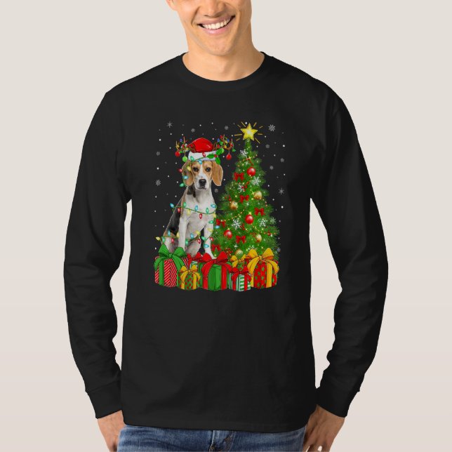 Beagle Hund Lighting Julafton Träd Santa Hat Beagl T Shirt (Framsida)