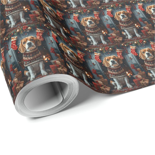 Beagle Hund Med Julpresenter Öppen Spis Presentpapper (Rulle Hörn)