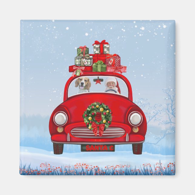 Beagle Hund med Jultomten Magnet (Framsidan)