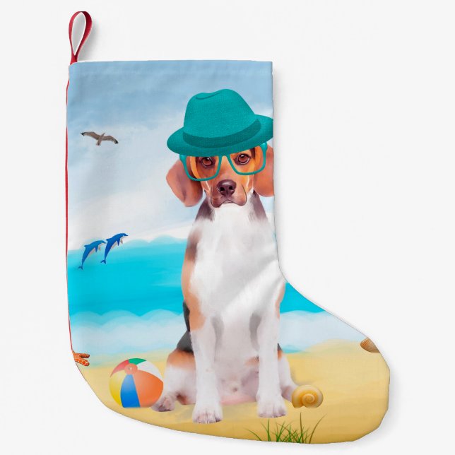 Beagle Hund on Beach Liten Julstrumpa (Framsidan)