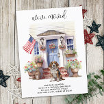Beagle Hund Patriotic Personlig Pet Flytta Meddelande Vykort<br><div class="desc">Lägg märke till att du har flyttat till familj och vänner med vårt meddelande om patriotisk flytta med en vacker vattenfärgmålning av en Beagle-hund, ett modernt hus med en blå dörr och den amerikanska flagga stolt visade sig på framporten. Detta tillkännagivande är hundälskarnas perfekt och alla tittar att tillkännage sin...</div>