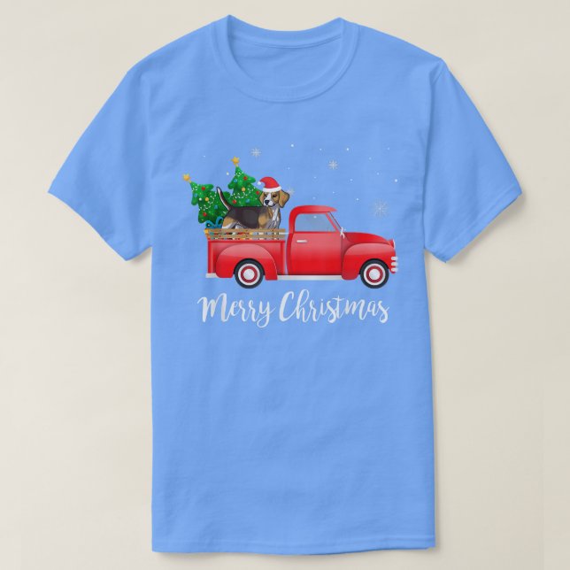 Beagle Hund Riding Red Lastbil jul T Shirt (Design framsida)