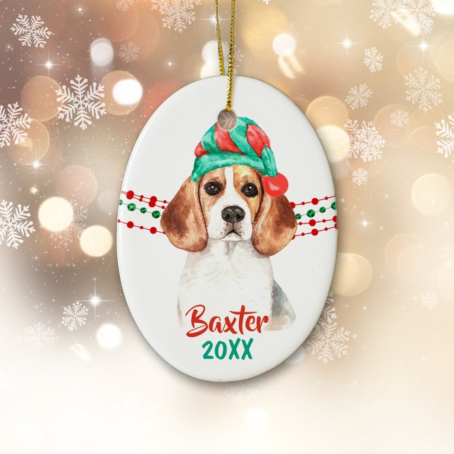 Beagle Hund Santa Hat Helgdag String Pärlor Julgransprydnad Keramik (Skapare uppladdad)