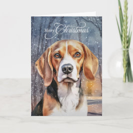 Beagle Hund Snowy Woodland Forest God jul Helgkort