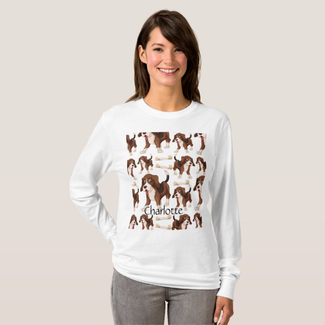 Beagle hund sömlös mönster Anpassat namn T Shirt (Hel framsida)