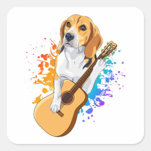 Beagle Hund Spela upp akustiskt gitarr Fyrkantigt Klistermärke
