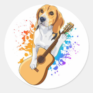 Beagle Hund Spela upp akustiskt gitarr Runt Klistermärke