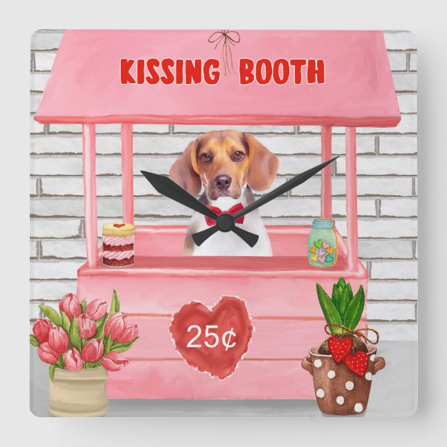 Beagle Hund Valentine Day Kissing Booth Fyrkantig Klocka (Framsida)