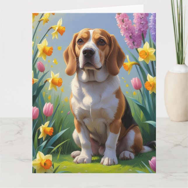 Beagle Hund Vårblommor Målning  Kort (Framsida)