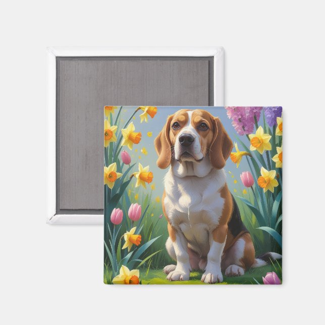 Beagle Hund Vårblommor Målning  Magnet (Front/Back)