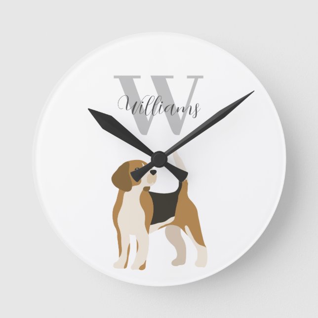 Beagle Hund Vattenfärg Monogram Namn  Rund Klocka (Framsida)