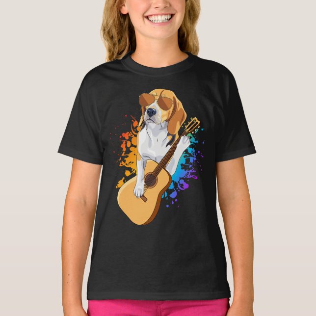 Beagle Hund Wearing Sunglasses Spela Guitar Girl T Shirt (Framsida)