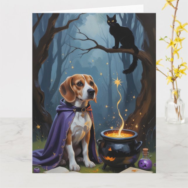 Beagle Hund Whimsical Halloween-målning Kort (Gul blomma)