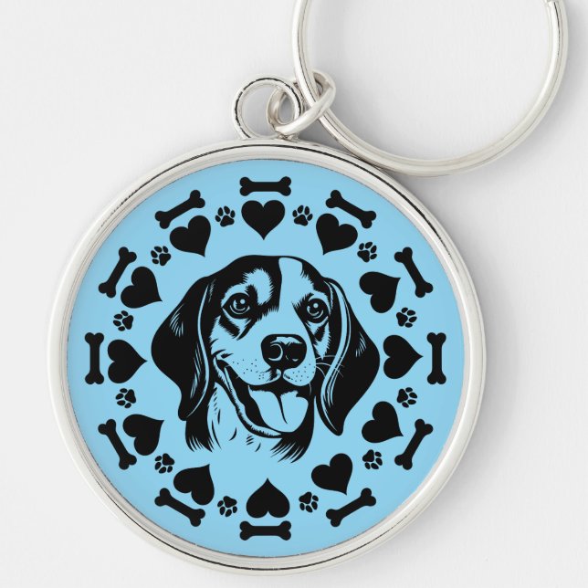 Beagle Hundägare Rund Silverfärgad Nyckelring (Framsidan)