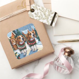Beagle Hundar Jul Snö Högtid Fyrkantigt Klistermärke