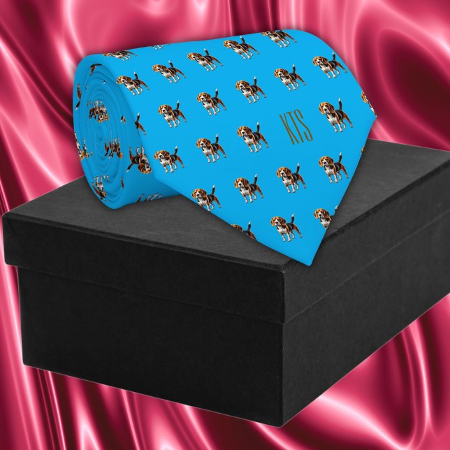 Beagle Hundar Mönster Monogrammed Veterinär Slips (Beagle Dogs Pattern Monogrammed Veterinarian Neck Tie in blue colour.)
