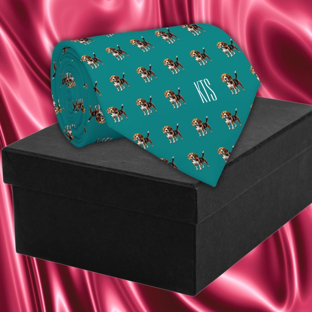 Beagle Hundar Mönster Monogrammed Veterinär Slips (Beagle Dogs Pattern Monogrammed Veterinarian Neck Tie in teal color.)
