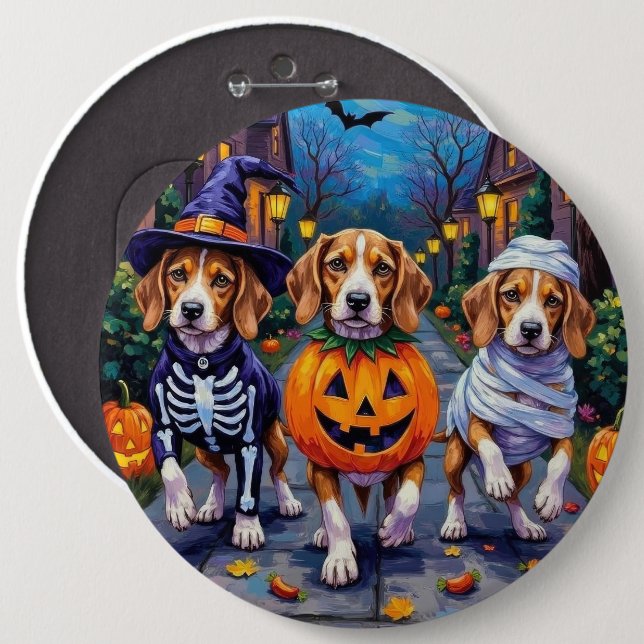 Beagle Hundar Trick-or-Treating in Halloween Costu Knapp (Framsida & baksida)