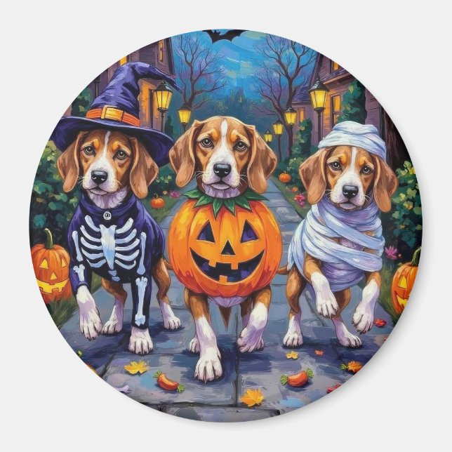 Beagle Hundar Trick-or-Treating in Halloween Costu Magnet (Framsidan)