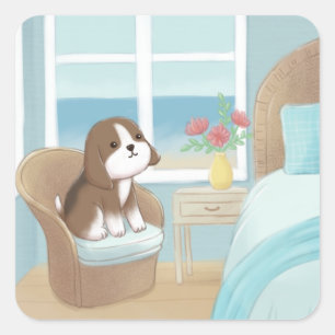 Beagle i Bedroom Illustration Fyrkantigt Klistermärke