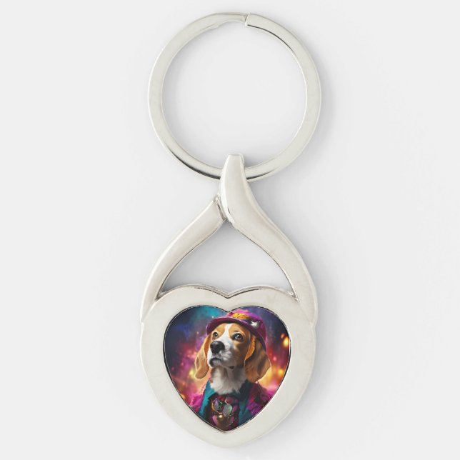 Beagle i en Rosa Hat Twisted Heart Silverfärgad Nyckelring (Framsidan)