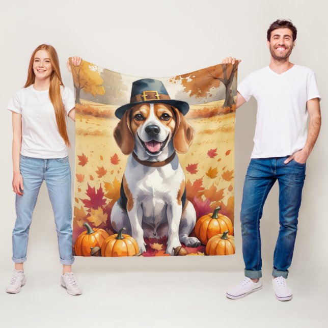 Beagle i höstlöv tackgivandekonst fleecefilt (På plats)