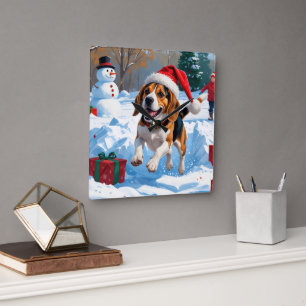 Beagle jul festiva snöscen fyrkantig klocka