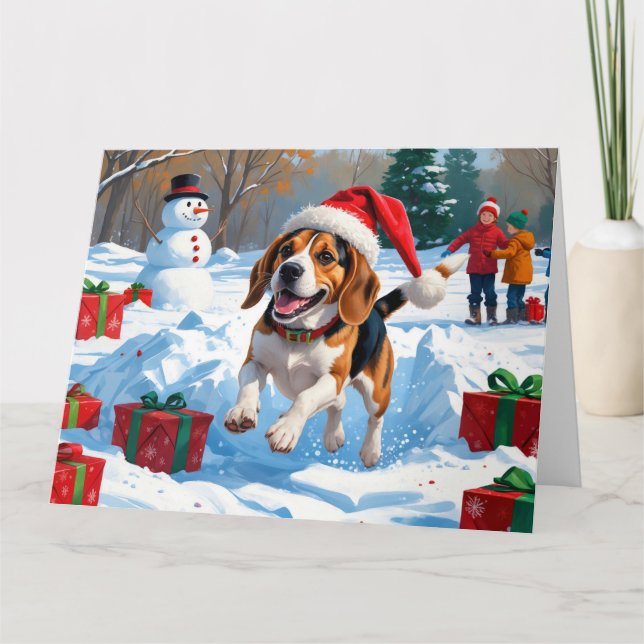 Beagle jul festiva snöscen kort (Framsida)