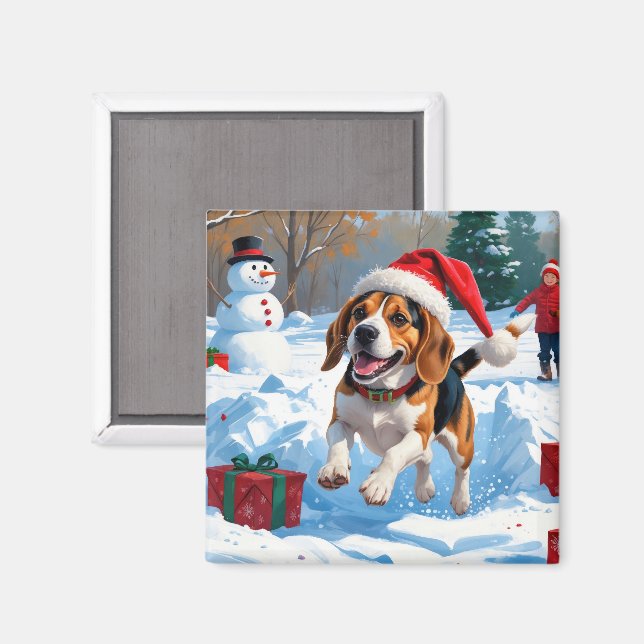 Beagle jul festiva snöscen magnet (Front/Back)