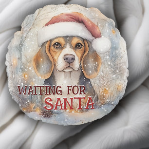 Beagle-jul i väntan på Santa Hund Watercolor Rund Kudde