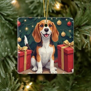 Beagle jul morgon presentöppning målning julgransprydnad keramik