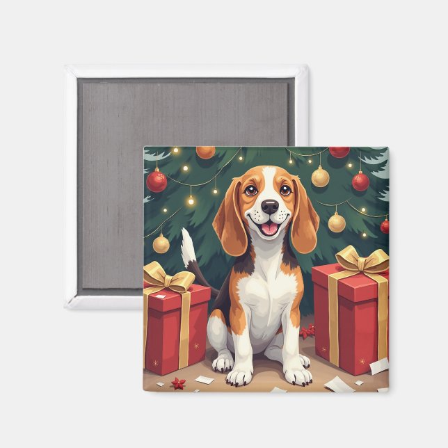 Beagle jul morgon presentöppning målning magnet (Front/Back)