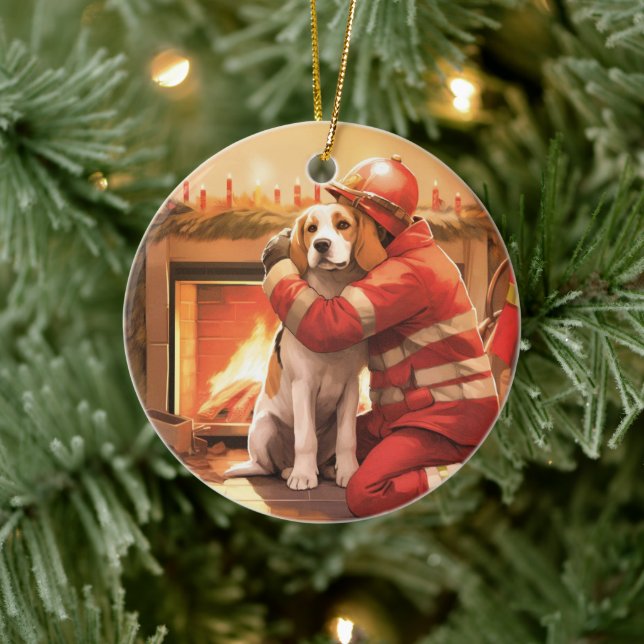 Beagle jul, present till hundbrandman älskare julgransprydnad keramik (Träd)