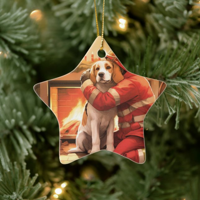 Beagle jul, present till hundbrandman älskare julgransprydnad keramik (Träd)