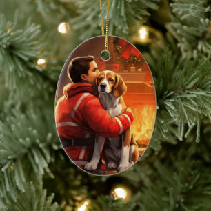 Beagle jul, present till hundbrandman älskare julgransprydnad keramik