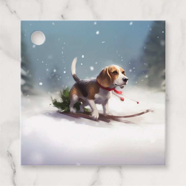 Beagle jul snö vinter gåvor etiketter (Framsida)