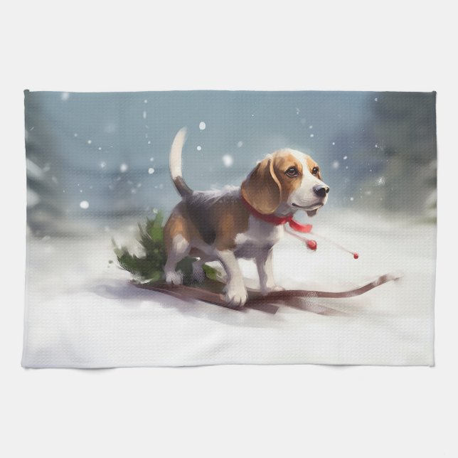 Beagle jul snö vinter kökshandduk (Horisontell)