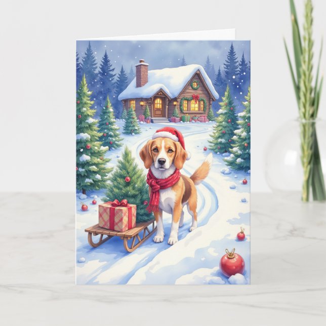 Beagle julgran farm semester vinter hund kort (Framsida)